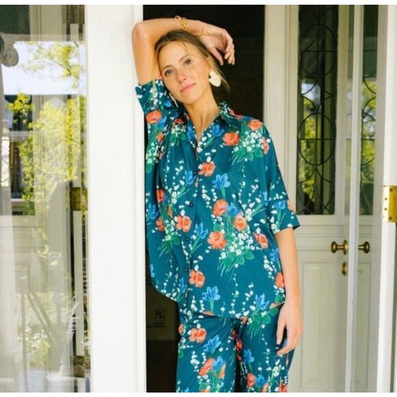 Tuckernuck Blouse Jade Blooms Farris Button Up Top Glass Button Black Tie S - Picture 1 of 8